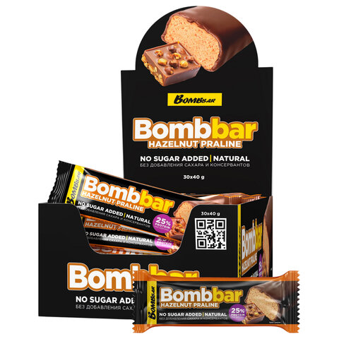 Батончик BOMBBAR "Фундучное пралине" без сахара 40 г, шоу-бокс, ББР100