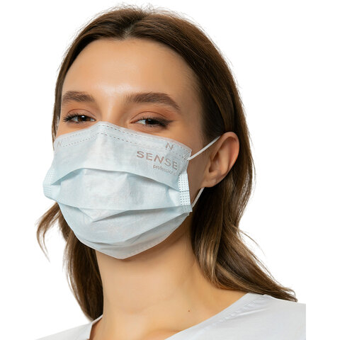 Маски медицинские одноразовые КОМПЛЕКТ 50шт 3-х сл. голубые (фильтр мельтблаун) SENSE