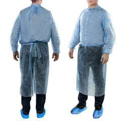 Халат одноразовый голубой на завязках КОМПЛЕКТ 10 шт., XXL, 56-58 размер, 140 см, рукав на резинке, 25 г/<wbr/>м<sup>2</sup>, СНАБЛАЙН