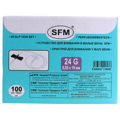 Иглы-бабочки для вливания в малые вены SFM 0,55 х 19 &mdash; 24G, КОМПЛЕКТ 100 штук, LUER