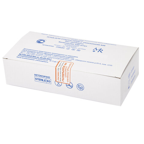 Зонд-тампон 10 мм, длина 20 см, дерево/хлопок, без пробирки, стерильный, КОМПЛЕКТ 100 шт., MR MED