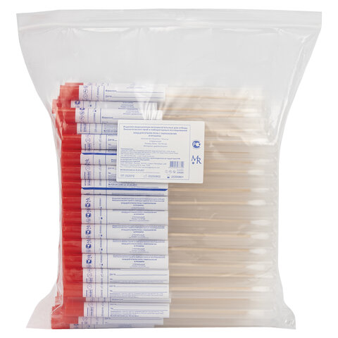 Зонд-тампон в пробирке без среды, длина 15 см, дерево/хлопок, стерильный, КОМПЛЕКТ 100 шт., MR MED