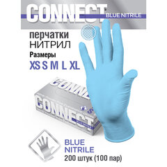 Перчатки нитриловые смотровые 100 пар (200 штук), размер 7-8, М (средний), голубые, CONNECT