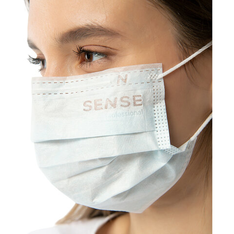 Маски медицинские SENSE одноразовые КОМПЛЕКТ 50 штук короб, 3-х слойные мелтблаун, голубые, шк 10605