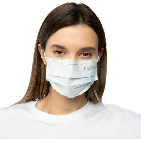 Маски медицинские SENSE одноразовые КОМПЛЕКТ 50 штук короб, 3-х слойные мелтблаун, голубые, шк 10605