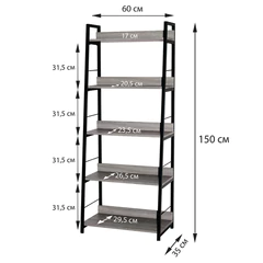 Стеллаж на металлокаркасе BRABIX "LOFT SH-003", 600х350х1500 мм, 5 полок, цвет дуб антик, 641235
