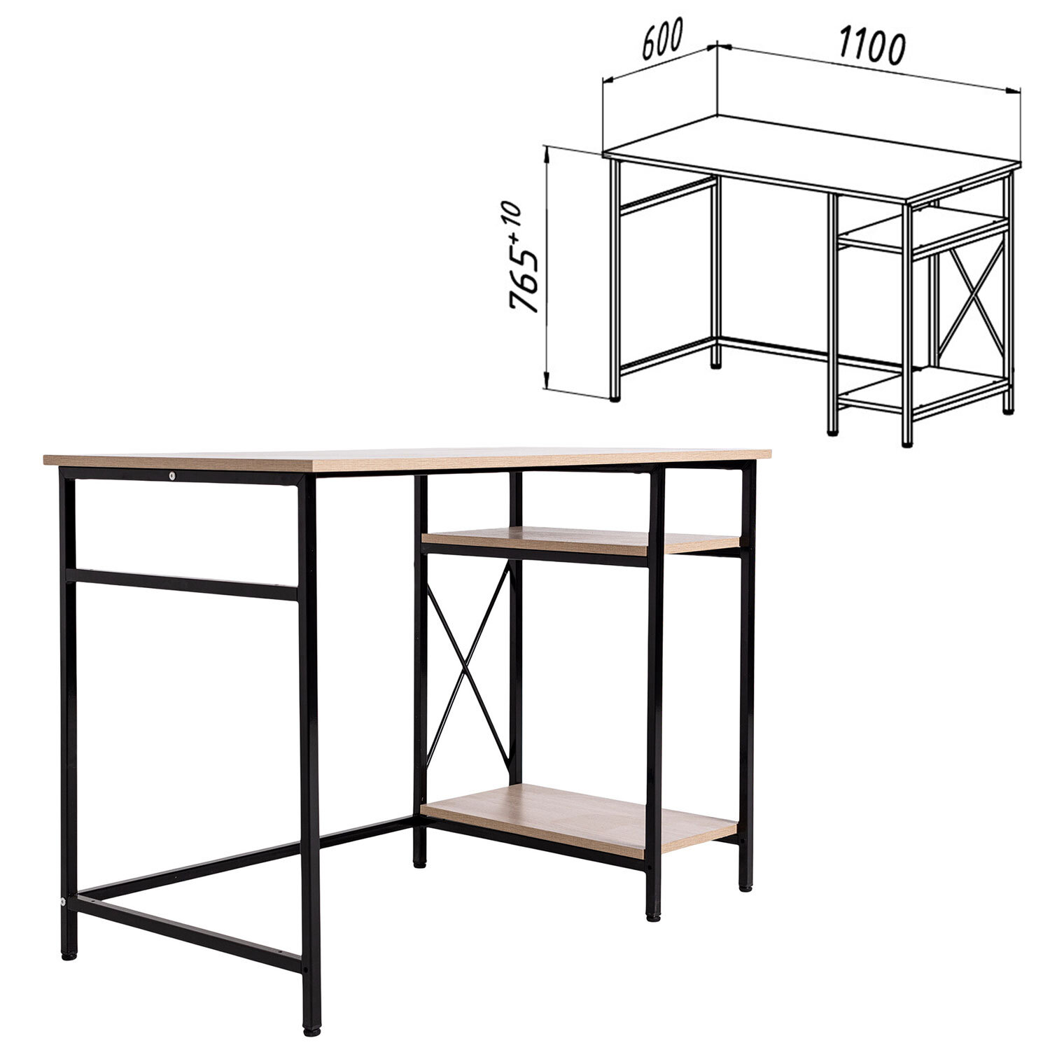Стол BRABIX "SMART CD-018", 1100х600х765 мм, ЛОФТ, 2 полки, металл/ЛДСП ясень шимо светлый, каркас черный, 641945