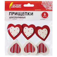 Прищепки декоративные &laquo;Сердце с узором&raquo;, 6 штук, 3,5 см, ассорти, ОСТРОВ СОКРОВИЩ, 661292