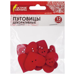 Пуговицы декоративные &laquo;Сердце&raquo;, дерево, 12 шт., ассорти, красные, ОСТРОВ СОКРОВИЩ, 661421