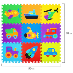 Коврик-пазл 0,9&times;0,9 м, мягкий, &laquo;Машинки&raquo;, 9 элементов, 30&times;30 см, толщина 1 см, ЮНЛАНДИЯ, 664667