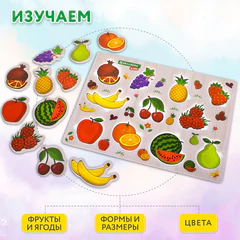 Рамка-вкладыш деревянная развивающая "Фрукты и ягоды", 22х30 см, BRAUBERG KIDS, 665254