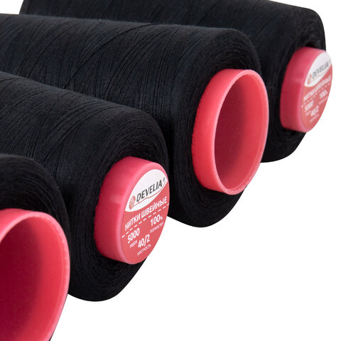 Нитки швейные 40/2 5000 ярд. (4572 м), Набор 4 черных, DEVELIA (Девелиа), 665428