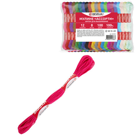 Нитки для вышивания (мулине), Набор 100 цветов, 8 м, полиэфир, DEVELIA (Девелия), 665432