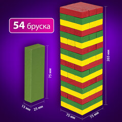 Игра настольная "ЦВЕТНАЯ БАШНЯ", 54 окрашенных деревянных блока + кубик, BRAUBERG HOBBY, 665493