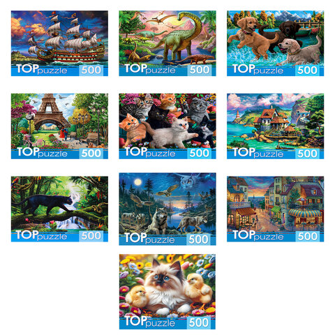 Пазл картонный 500 элементов АССОРТИ, 14 дизайнов, 330х480мм, HATBER
