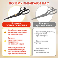 Ножницы портновские 240 мм, КЛАССИЧЕСКИЕ, черные, ручки с силиконовым покрытием, ОСТРОВ СОКРОВИЩ, 665598