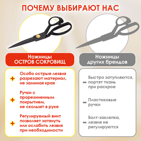 Ножницы портновские 240 мм, КЛАССИЧЕСКИЕ, черные, ручки с силиконовым покрытием, ОСТРОВ СОКРОВИЩ, 665598 - фото 18