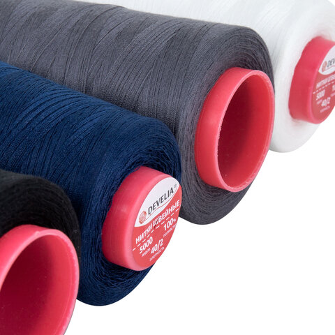 Нитки швейные 40/2 5000 ярд. (4572 м), Набор 4 цвета, бел/сер/син/черн,  DEVELIA (Девелиа), 665619