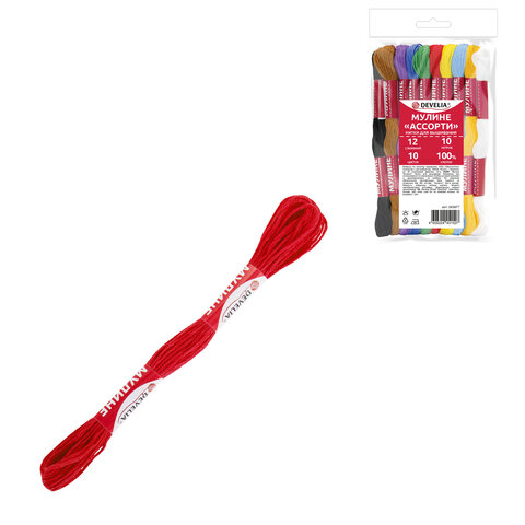 Нитки для вышивания (мулине), Набор 10 цветов, 10 м, хлопок, DEVELIA (Девелия), 665677