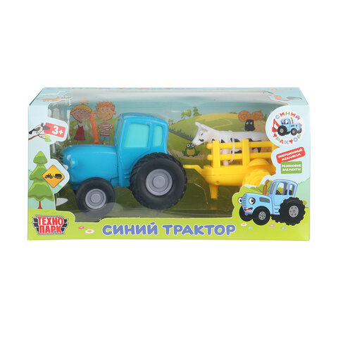 Трактор металлический, СИНИЙ ТРАКТОР с телегой и коровой, длина 11 см, инерционный, ТЕХНОПАРК, 343453, 376584