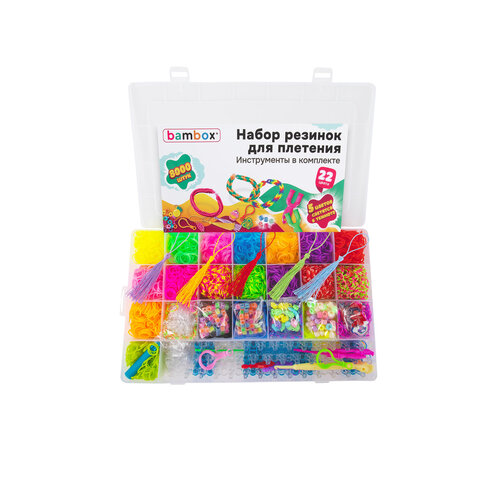 Набор резинок для плетения украшений 8000 шт, 22 цвета, бокс, бусины, станок, BamBox, 665975