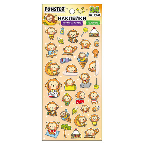 Наклейки гелевые "Зверяшки-обаяшки", 17,5х9 см, ассорти 12 видов, FUNSTER (ФАНСТЕР), 666085