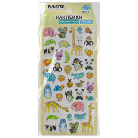 Наклейки гелевые "Зверушки", 17,5х9 см, ассорти 4 вида, FUNSTER (ФАНСТЕР), 666095