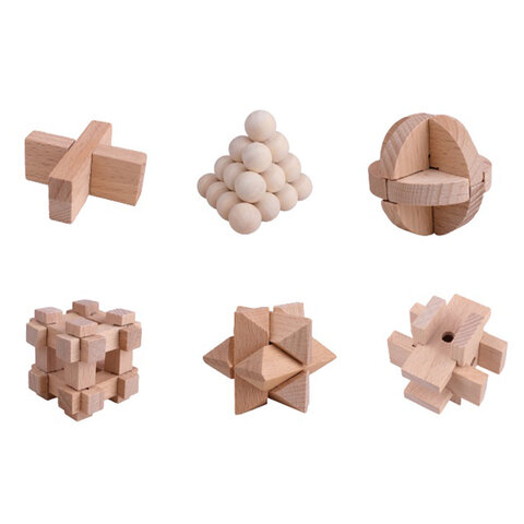 Головоломки деревянные, набор 6 штук, разные уровни сложности, МозгоМина, 666426