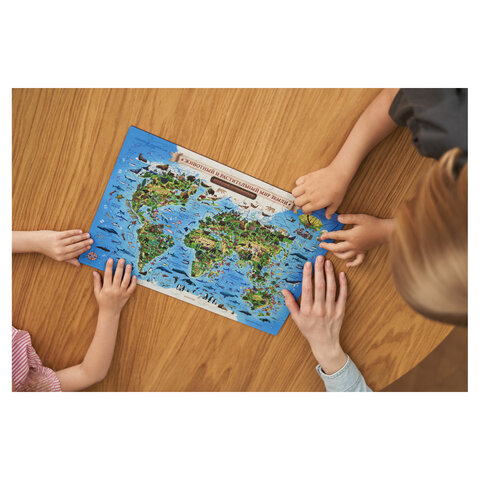 Интерактивная деревянная карта-пазл GLOBEN "Животный и растительный мир Земли", 41х29 см, 100 элементов, PAG5203