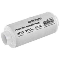Нитки швейные 200 м, БЕЛЫЕ, 1 катушка, полиэстер, 40/<wbr/>2, DEVELIA (ДЕВЕЛИЯ), 667118