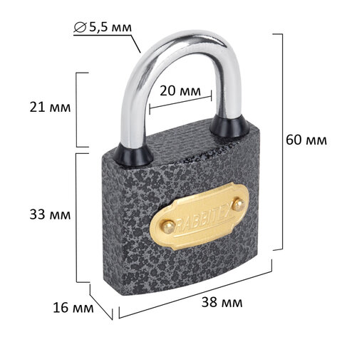 Замок навесной чугунный 38мм "Влагонепроницаемый", полимерное покрытие, 3 ключа, RABBITEX, 671296