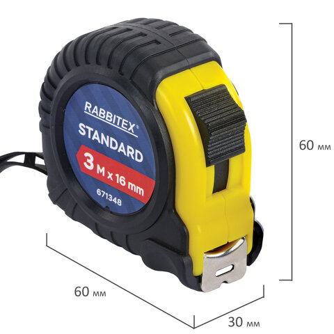 Рулетка измерительная 3,0мх16мм, RABBITEX Standard, обрезиненный корпус, 671348