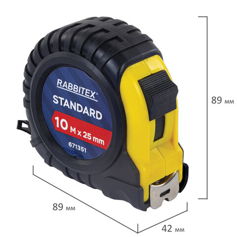 Рулетка измерительная 10мх25мм, RABBITEX Standard, обрезиненный корпус, 671351