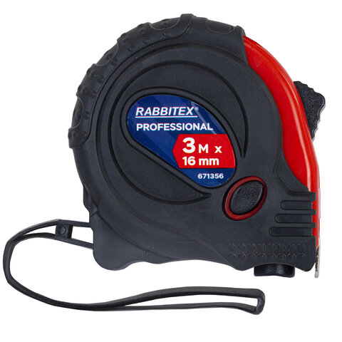 Рулетка измерительная 3,0мх16мм, RABBITEX Professional, обрезиненный корпус, 3 мех. фиксац, 671356