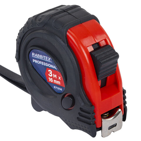 Рулетка измерительная 3,0мх16мм, RABBITEX Professional, обрезиненный корпус, 3 мех. фиксац, 671356
