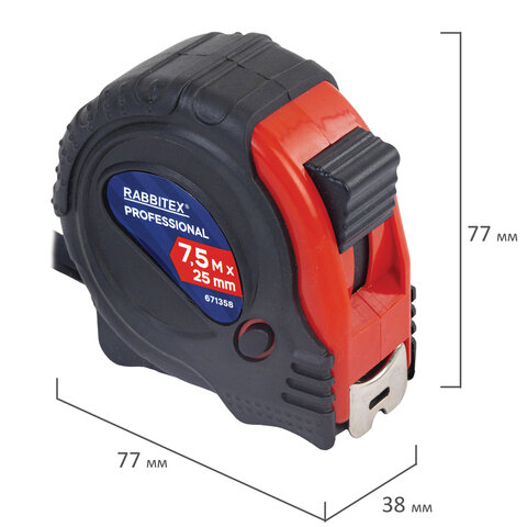 Рулетка измерительная 7,5мх25мм, RABBITEX Professional, обрезиненный корпус, 3 мех. фиксац, 671358