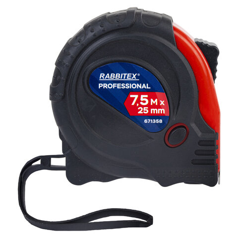 Рулетка измерительная 7,5мх25мм, RABBITEX Professional, обрезиненный корпус, 3 мех. фиксац, 671358