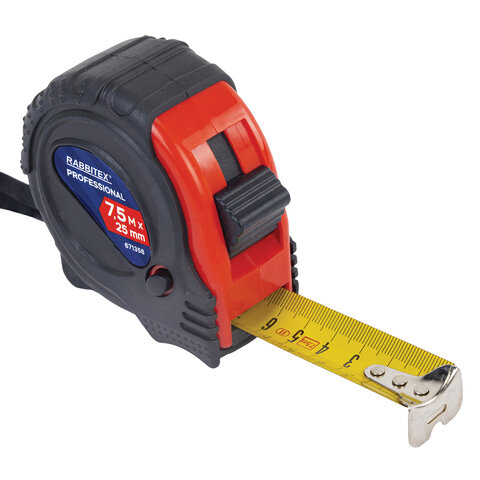 Рулетка измерительная 7,5мх25мм, RABBITEX Professional, обрезиненный корпус, 3 мех. фиксац, 671358