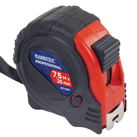 Рулетка измерительная 7,5мх25мм, RABBITEX Professional, обрезиненный корпус, 3 мех. фиксац, 671358