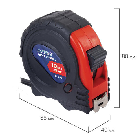 Рулетка измерительная 10мх25мм, RABBITEX Professional, обрезиненный корпус, 3 мех. фиксац, 671359