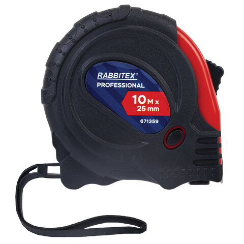 Рулетка измерительная 10мх25мм, RABBITEX Professional, обрезиненный корпус, 3 мех. фиксац, 671359