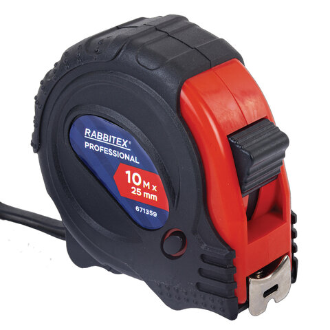 Рулетка измерительная 10мх25мм, RABBITEX Professional, обрезиненный корпус, 3 мех. фиксац, 671359