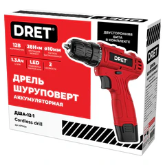 Дрель-шуруповерт аккумуляторная, 12В, Li-ion 1&times;1,3Ач, 28Нм, БИТА в комплекте, DRET (ДРЕТ) ДША-12-1, 671500