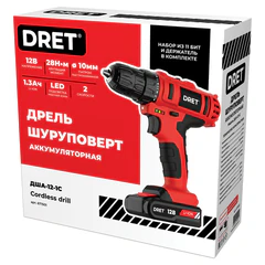 Дрель-шуруповерт аккумуляторная 12В, Li-ion 1&times;1,3Ач, 28Нм, 11 БИТ В ПОДАРОК, DRET (ДРЕТ) ДША-12-1С, 671501