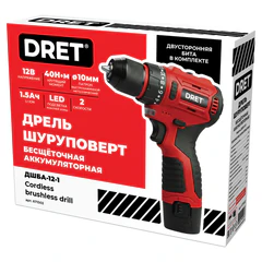 Дрель-шуруповерт аккумуляторная БЕСЩЕТОЧНАЯ 12В, Li-ion 1&times;1,5Ач, 40Нм, БИТА в подарок, DRET (ДРЕТ) ДШБА-12-1, 671502