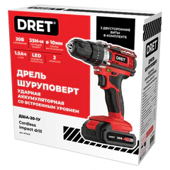 Дрель-шуруповерт аккумуляторная УДАРНАЯ 20В, Li-ion 1&times;1,5Ач, 35Нм, 2 БИТЫ в подарок, DRET (ДРЕТ) ДША-20-1У, 671505