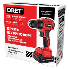 Дрель-шуруповерт аккумуляторная УДАРНАЯ БЕСЩЕТОЧНАЯ 20В, Li-ion 1&times;1,5Ач, 45Нм, БИТА в комплекте, DRET (ДРЕТ) ДШБА-20-1У, 671506