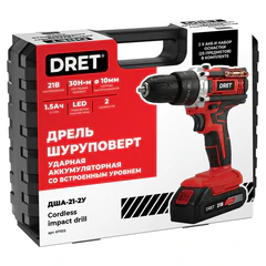 Дрель-шуруповерт аккумуляторная УДАРНАЯ 21В, Li-ion 2&times;1,5Ач, 30Нм, 25 предметов оснастки в комплекте, кейс, DRET (ДРЕТ) ДША-21-2У, 671513