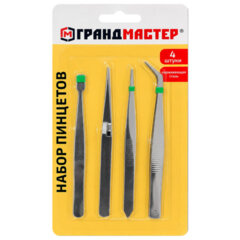 Пинцеты из нержавеющей стали, НАБОР 4 штуки, ГРАНДМАСТЕР, 671589