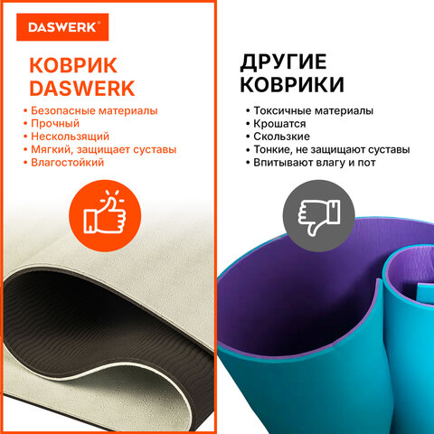 Коврик для йоги и фитнеса двухцветный, ТПЭ, 183x61x0,6 см, бежевый/чёрный, DASWERK, 680030